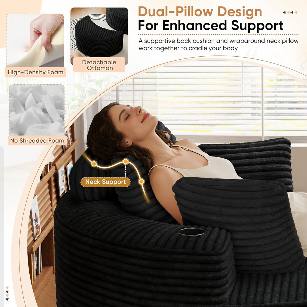 Oversized Round Chaise Longue Chair with Ottoman, Modern Corduroy Deep Seat Circle Single Cloud Boneless Floor Accent Chair w/Cup Holders for Living Room, Bedroom Apartment, 55" W * 74.6" D, Black