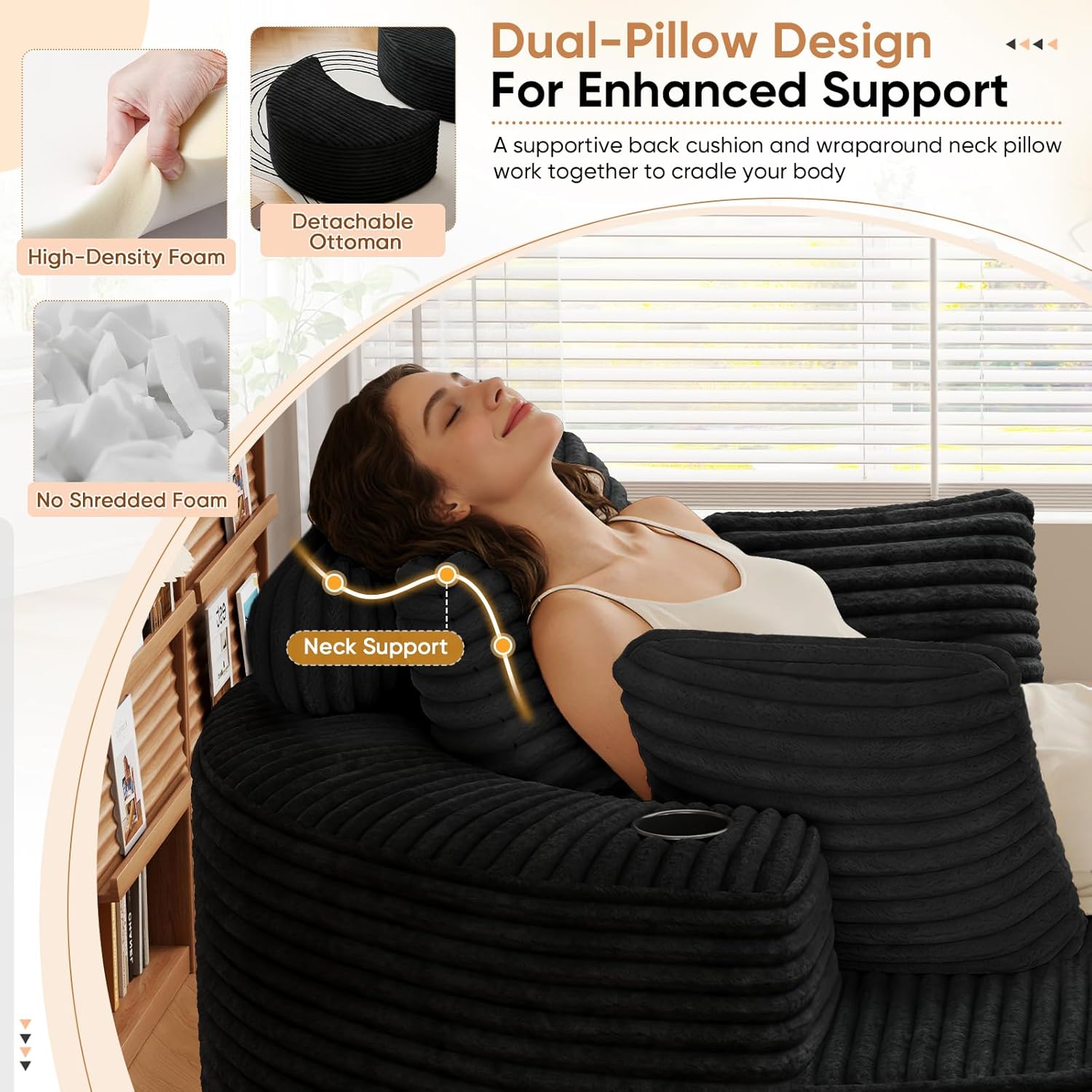 Oversized Round Chaise Longue Chair with Ottoman, Modern Corduroy Deep Seat Circle Single Cloud Boneless Floor Accent Chair w/Cup Holders for Living Room, Bedroom Apartment, 55" W * 74.6" D, Black
