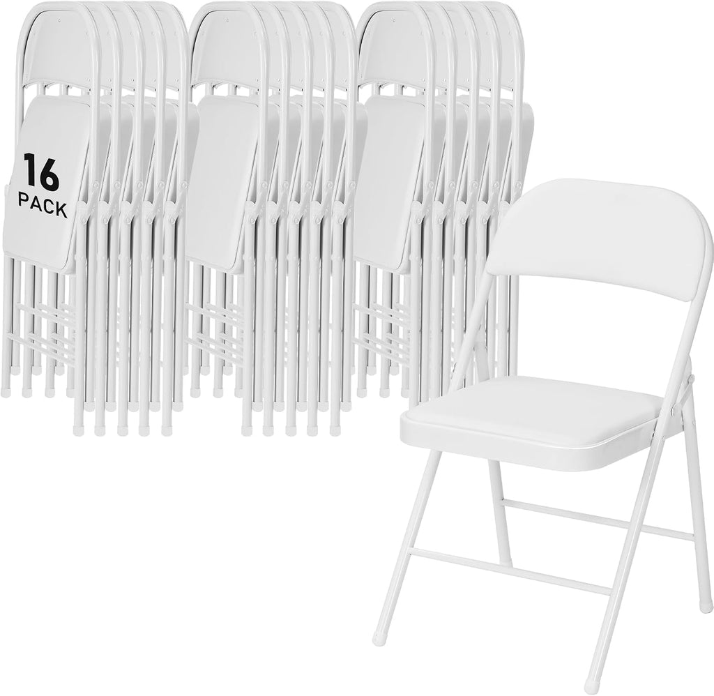 SEALAMB 16 Pack Folding Chairs with Cushion Seat, Heavy Duty Metal Frame Portable Stackable Chairs for Wedding Party Office School Church Events, Indoor Outdoor Use, 350 lb Capacity,White