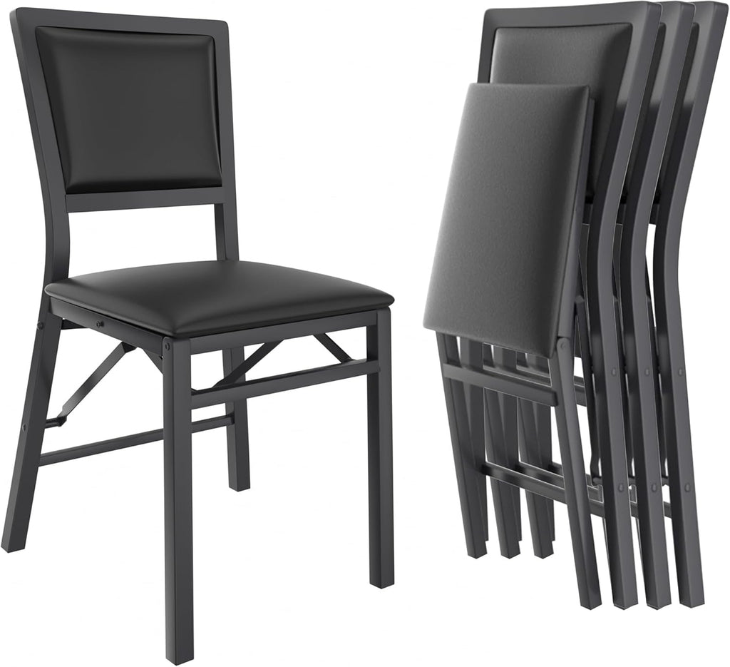 VECELO Folding Chairs Set of 4 with Cushion, Foldable Padded Seats with Heavy Duty Metal Frame for Kitchen/Dining/Living Room, No Assembly & Space Saving Design, Black
