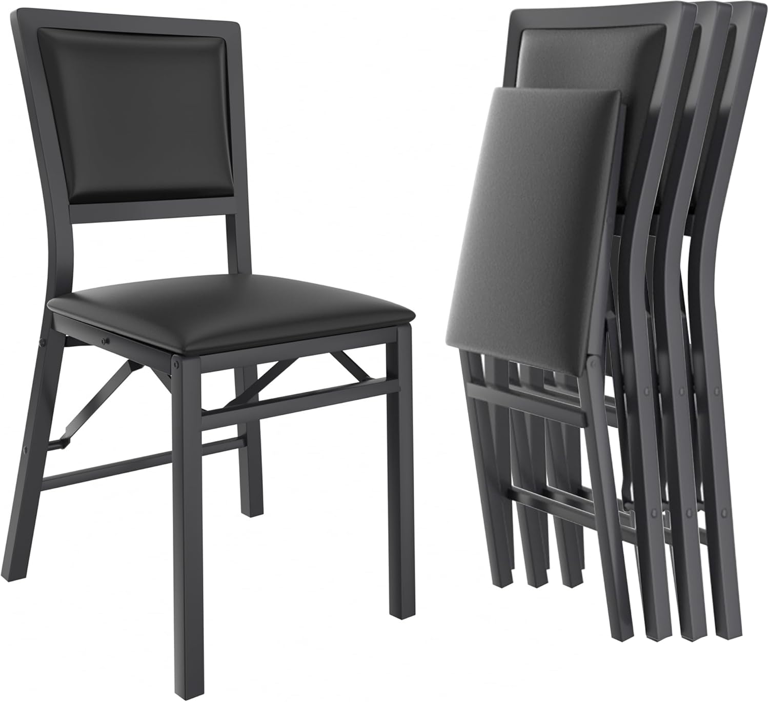 VECELO Folding Chairs Set of 4 with Cushion, Foldable Padded Seats with Heavy Duty Metal Frame for Kitchen/Dining/Living Room, No Assembly & Space Saving Design, Black