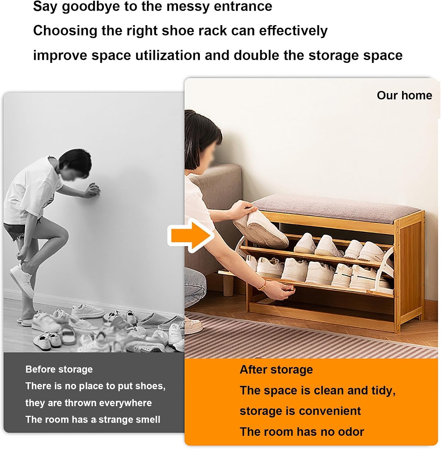 Bamboo Shoe Bench with Foldable Drawers & Cushion Entryway Stool Breathable Narrow Shoe Rack FreeStanding Footwear Organizer for Hallway Bedroom Living Room
