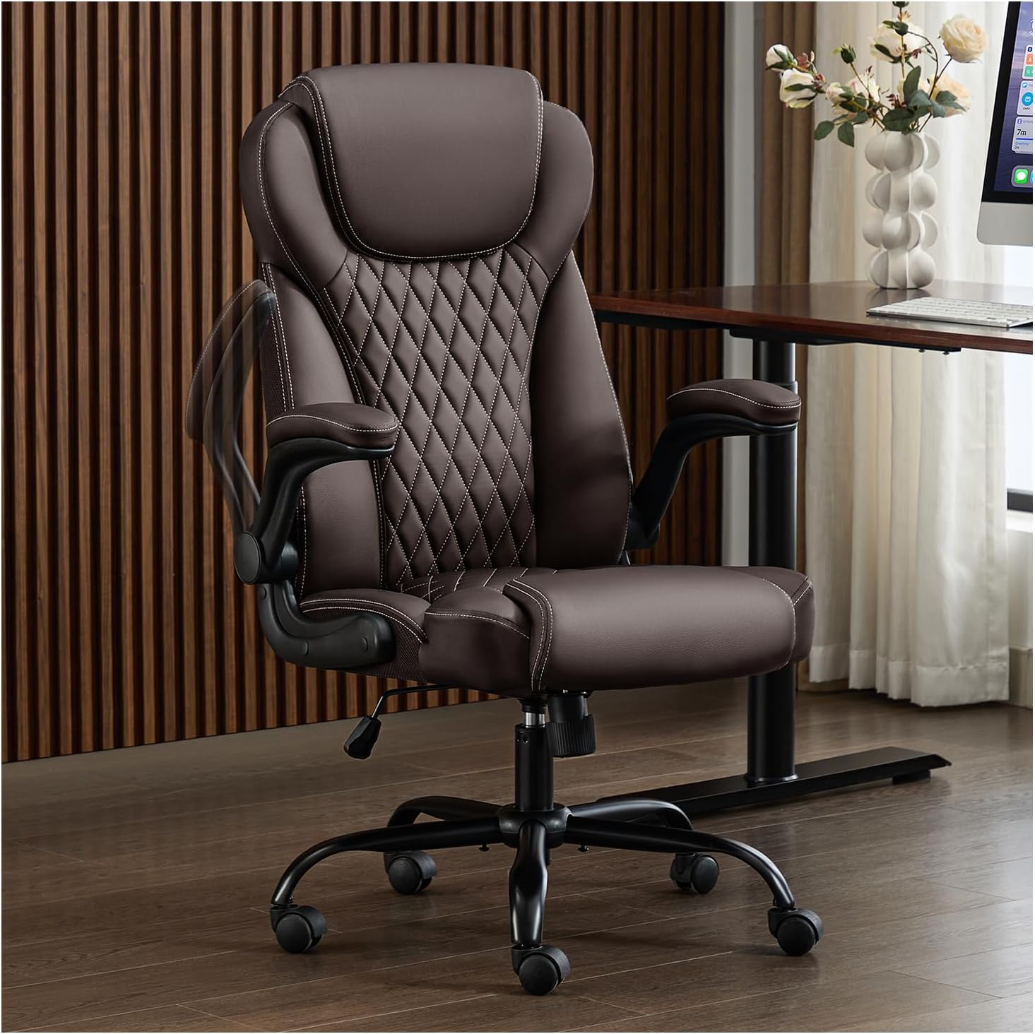 amseatec Office Chair, Executive PU Leather Chair, Ergonomic Computer Desk Chair with Lumbar Support and Adjustable Flip-Up Arms, Rocking Task Chair, Brown