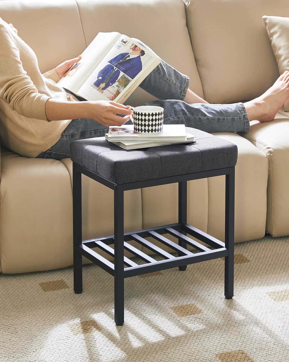 IBUYKE Rectangular Makeup Stool with Adjustable Feet and Storage Space, Footrest Chair, Linen Seat Vanity Stool, Multi-Use as Small Side Table or Ottoman, for Bedroom, Dark Gray WBD017G