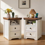 Farmhouse Night Stand with LED Lights,Charging Station, End Table with 2 Drawers & Open Shelf, Modern Bedside Table with USB Ports & Outlets, Side Table Wood for Bedroom Living Room, White