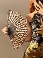 Elegant Leopard Print Folding Fan with Black Frame, Fashionable Princess Theme, Lightweight and Portable Handheld Fan for Women