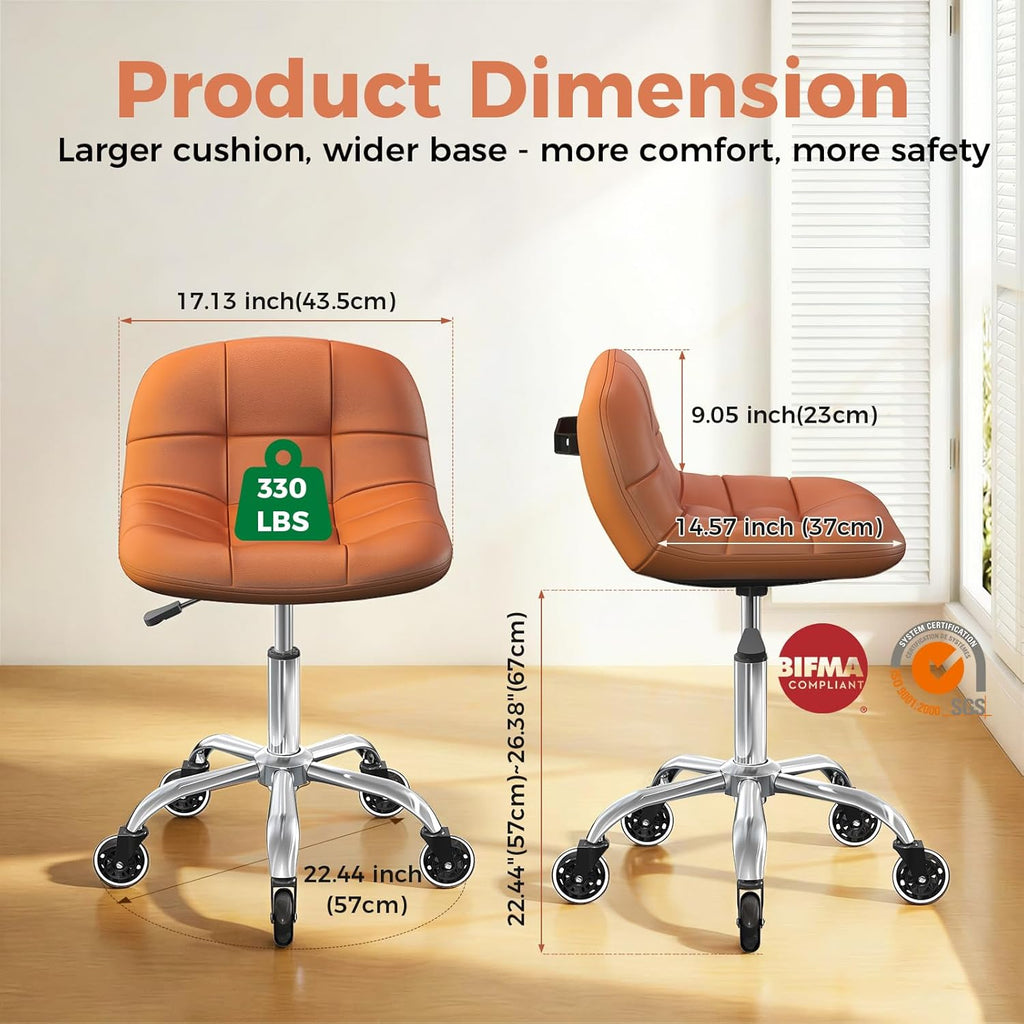 Rolling Stool Chair with Wheels, Height Adjustable Stool with Back Support, Office Drafting Chair with PU Leather Cushion for Home Office Kitchen Vanity Salon Garage Tattoo Dentist Esthetician(Camel)