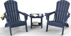 Folding Adirondack Chair Set 3-Piece - 38" Extra Tall Back & Embossed Wood Grain, Oversized HDPE Patio Furniture with Side Table & Cup Holders, 380lb Heavy Duty, Navy Blue