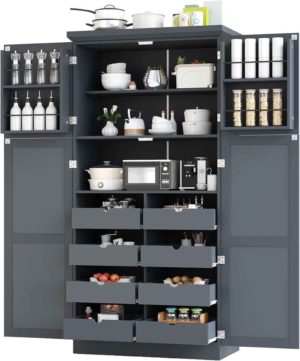 35.5x17.6x70.9inch Freestanding Kitchen Pantry Cabinet, Tall Storage Cabinet with 4 Doors, 2 Door Shelves, 8 Pull-Out Trays and Adjustable Shelf for Dining Room, Gray