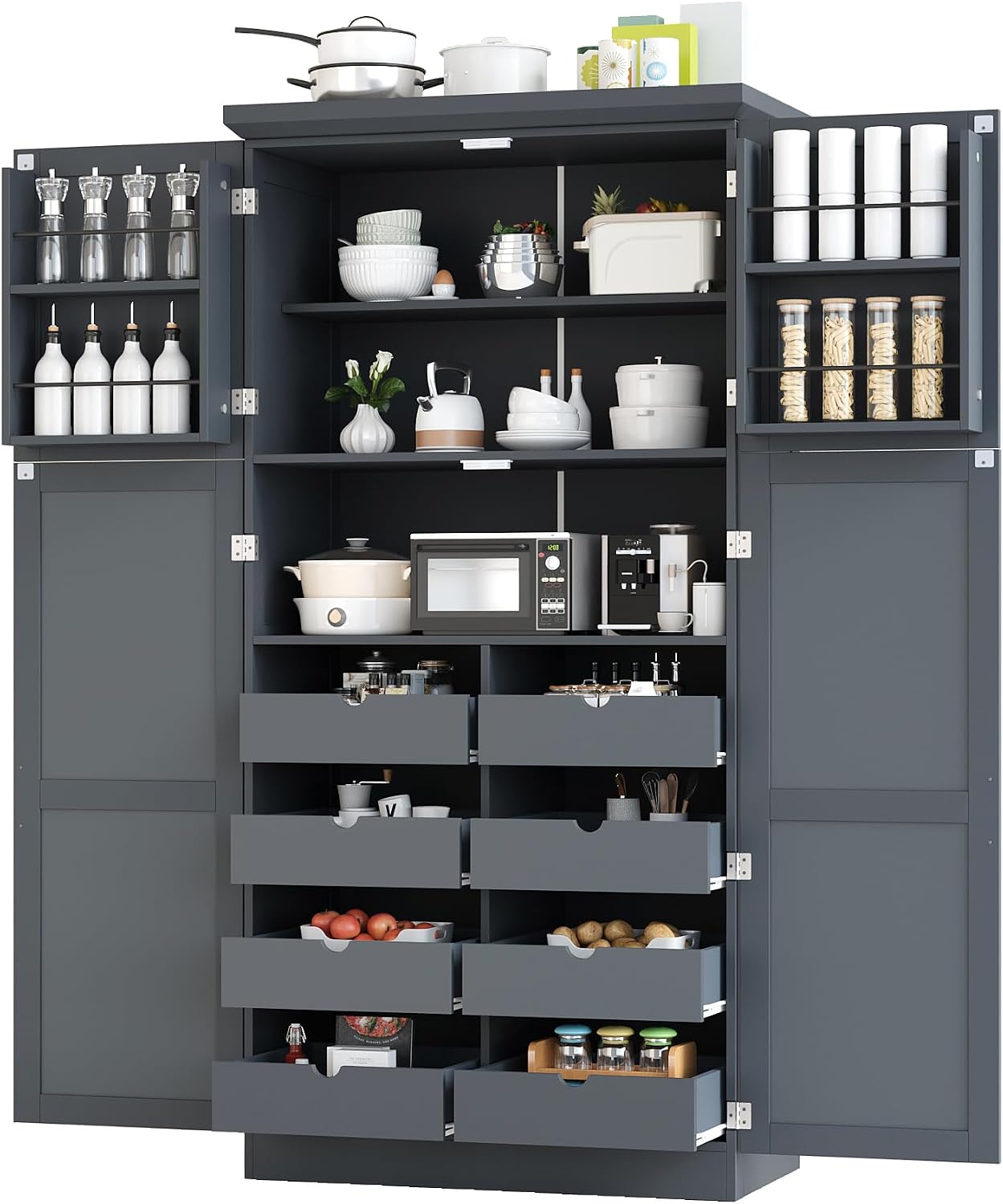 35.5x17.6x70.9inch Freestanding Kitchen Pantry Cabinet, Tall Storage Cabinet with 4 Doors, 2 Door Shelves, 8 Pull-Out Trays and Adjustable Shelf for Dining Room, Gray