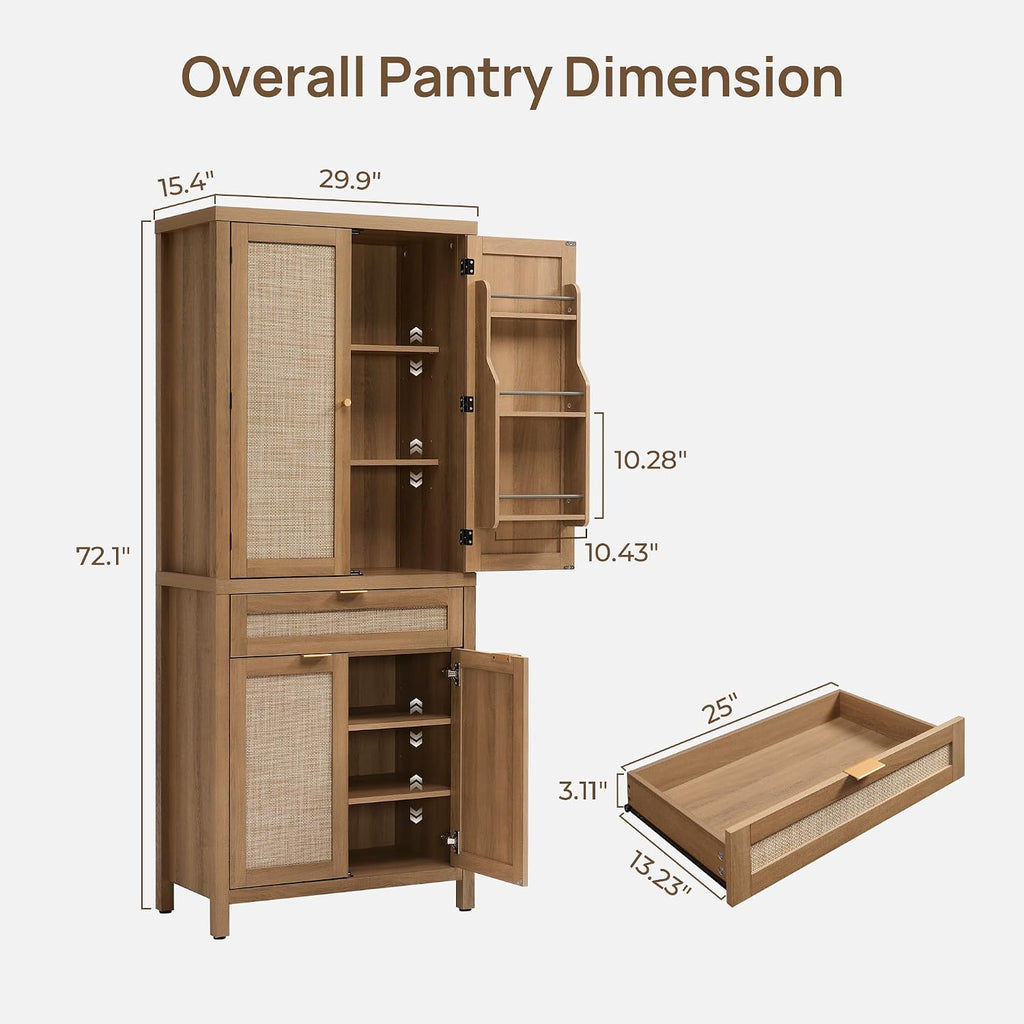 SICOTAS 72" Tall Pantry Cabinet - Rattan Kitchen Storage Cabinet with Large Drawer & 4 Doors, Farmhouse Freestanding Cupboard Pantry with Storage for Living Room, Dining Room, Oak