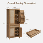 SICOTAS 72" Tall Pantry Cabinet - Rattan Kitchen Storage Cabinet with Large Drawer & 4 Doors, Farmhouse Freestanding Cupboard Pantry with Storage for Living Room, Dining Room, Oak