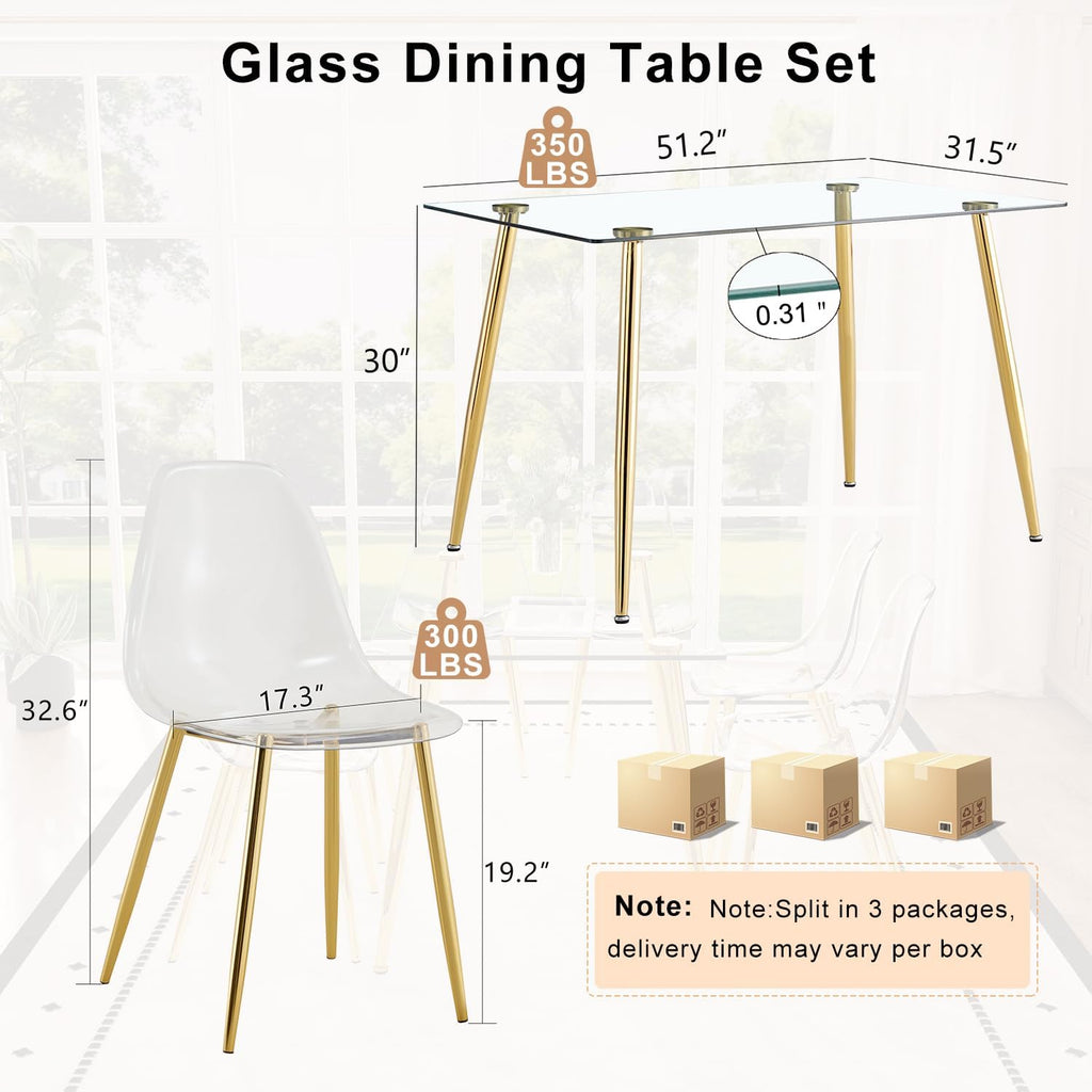 Ebullient Glass Dining Table Set for 4, 51" Clear Tempered Glass Tabletop with Gold Chrome Metal Legs and 4 Transparent Acrylic Chairs, Compact Modern Kitchen Table Set for Small Space Dining Room