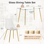 Ebullient Glass Dining Table Set for 4, 51" Clear Tempered Glass Tabletop with Gold Chrome Metal Legs and 4 Transparent Acrylic Chairs, Compact Modern Kitchen Table Set for Small Space Dining Room