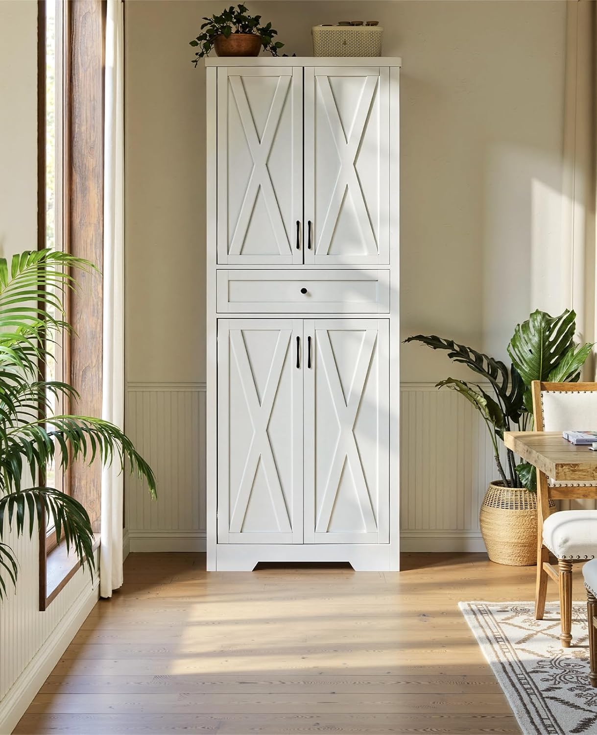 Lyromix 68'' Farmhouse Kitchen Pantry Cabinet with Adjustable Shelves, Tall Storage Cabinet with Barn Doors, Freestanding Versatile Cupboard for Dining Room, White