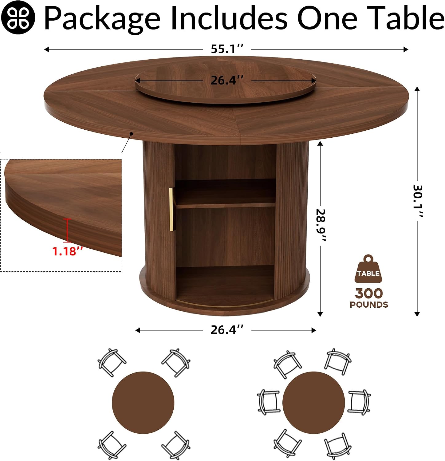 55.1 Inch Round Dining Table for 4-6, Modern Kitchen Table with Storage, Circle Dining Room Table with Wooden Pedestal Base for Living Room, Dining Room & Kitchen, Walnut