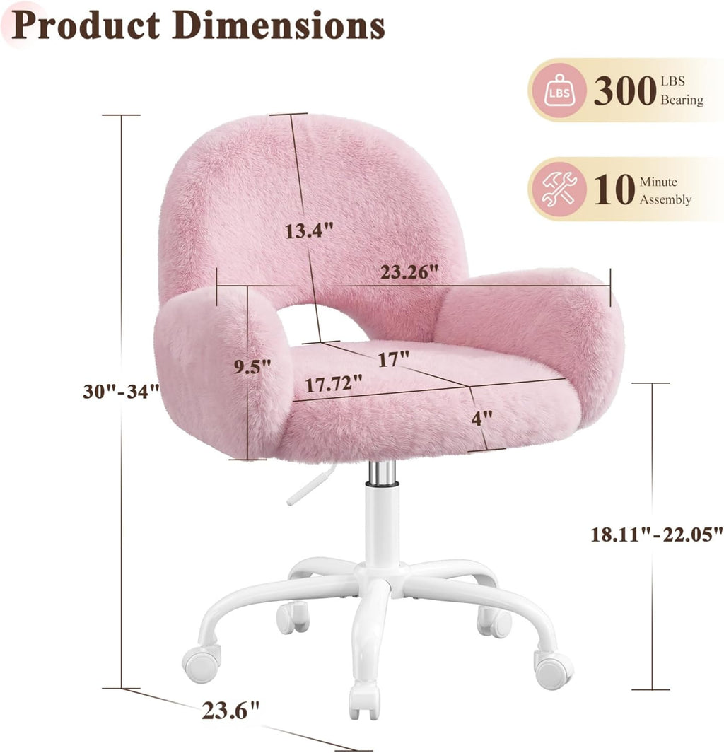 Homkdom Vanity Chair with Round Hollow Back, Pink Desk Chair with Arms & Wheels, Cute Office Chair for Make-up Room, Bedroom, Home Office, Salon, Height Adjustable, Faux Rabbit Fur