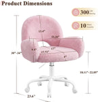 Homkdom Vanity Chair with Round Hollow Back, Pink Desk Chair with Arms & Wheels, Cute Office Chair for Make-up Room, Bedroom, Home Office, Salon, Height Adjustable, Faux Rabbit Fur