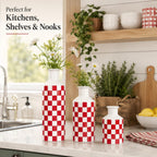 Ceramic Checkered Decorative Vase Set of 3,Black and White Porcelain Accent Vases with Varying Heights,Modern Minimalist Home Decor for Living Room,Shelf,Table,Farmhouse Style Gift (Red)