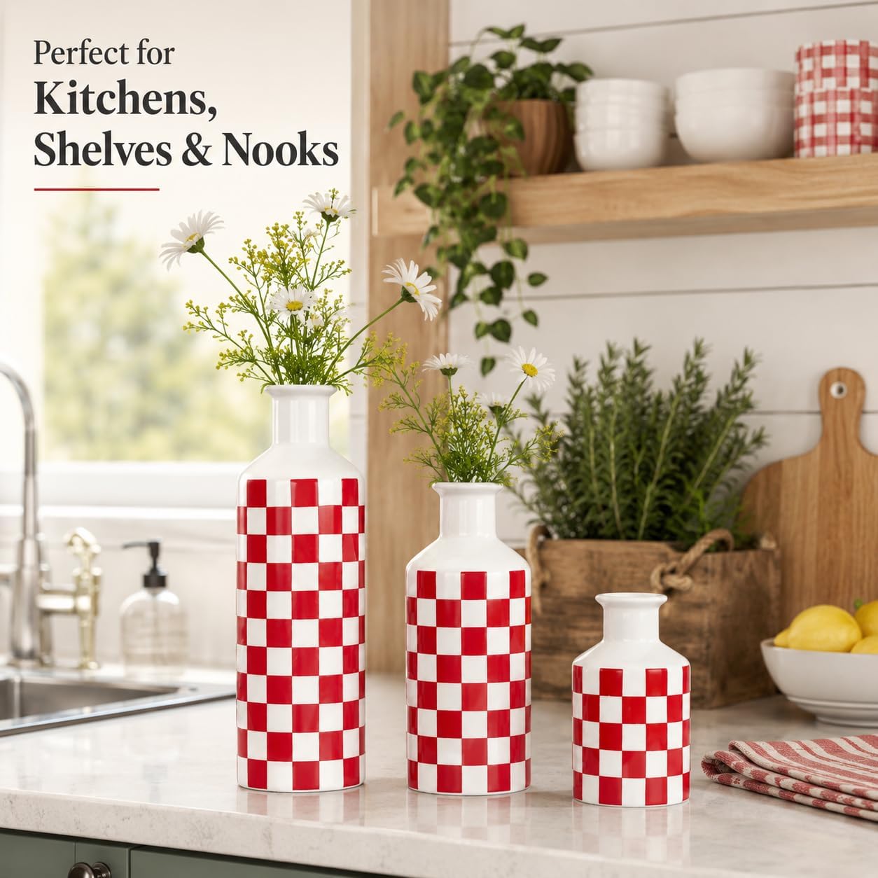 Ceramic Checkered Decorative Vase Set of 3,Black and White Porcelain Accent Vases with Varying Heights,Modern Minimalist Home Decor for Living Room,Shelf,Table,Farmhouse Style Gift (Red)