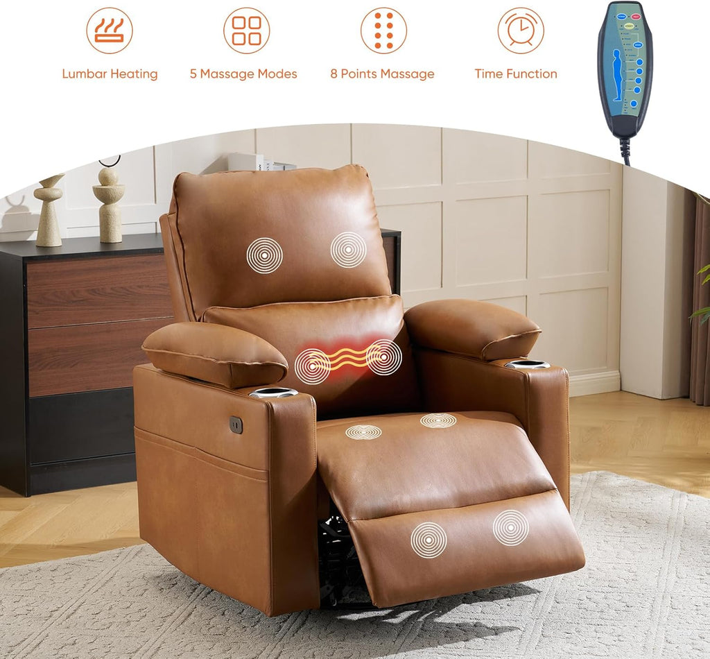 270 Swivel Rocker Recliner with Adjustable Memory Armrests, Oversized Power Nursery Recliner with Heating and Massage, Rocking Chair with One-Touch Reset, Double Cup Holder, Faux Leather, Camel