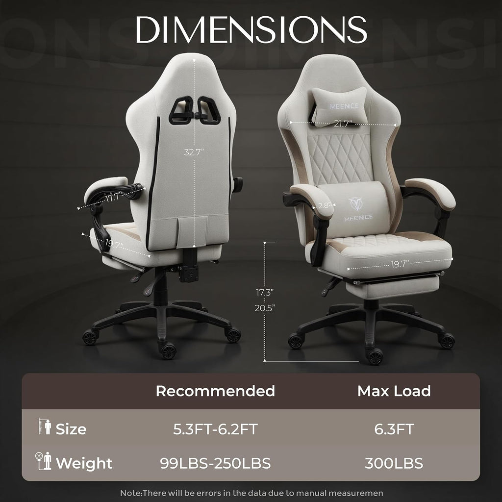 Gaming Chair Fabric with Pocket Spring Custion, Ergonomic High Back Video Game Chair with Footrest Massage Lumbar Support, Height Adjustable Comfy Computer Chair for Adults Game Beige White