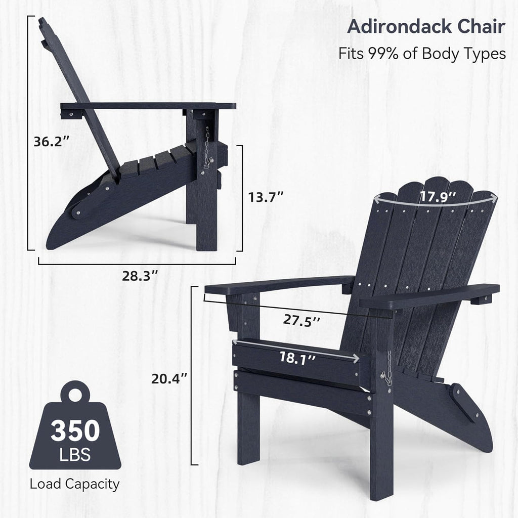 Folding HDPE Adirondack Chair Set of 2, Weather-Resistant Patio Chair with Wide Armrests & High Backrest, Fire Pit Chair for Garden, Backyard, Porch (Blue)