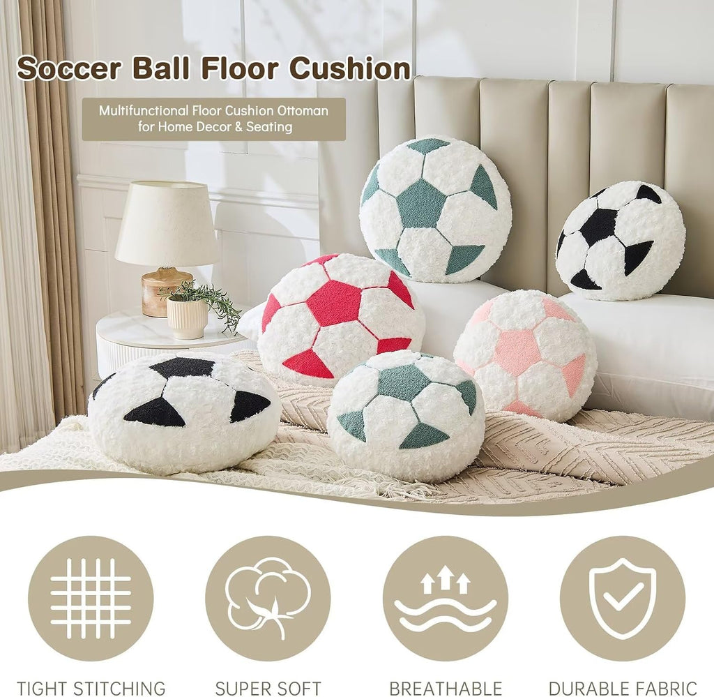 Soccer Pillow Football Round Cushion Soft Fluffy Soccerball Decorative Plush Pillow for Room Decor (Black, 12 Inch)