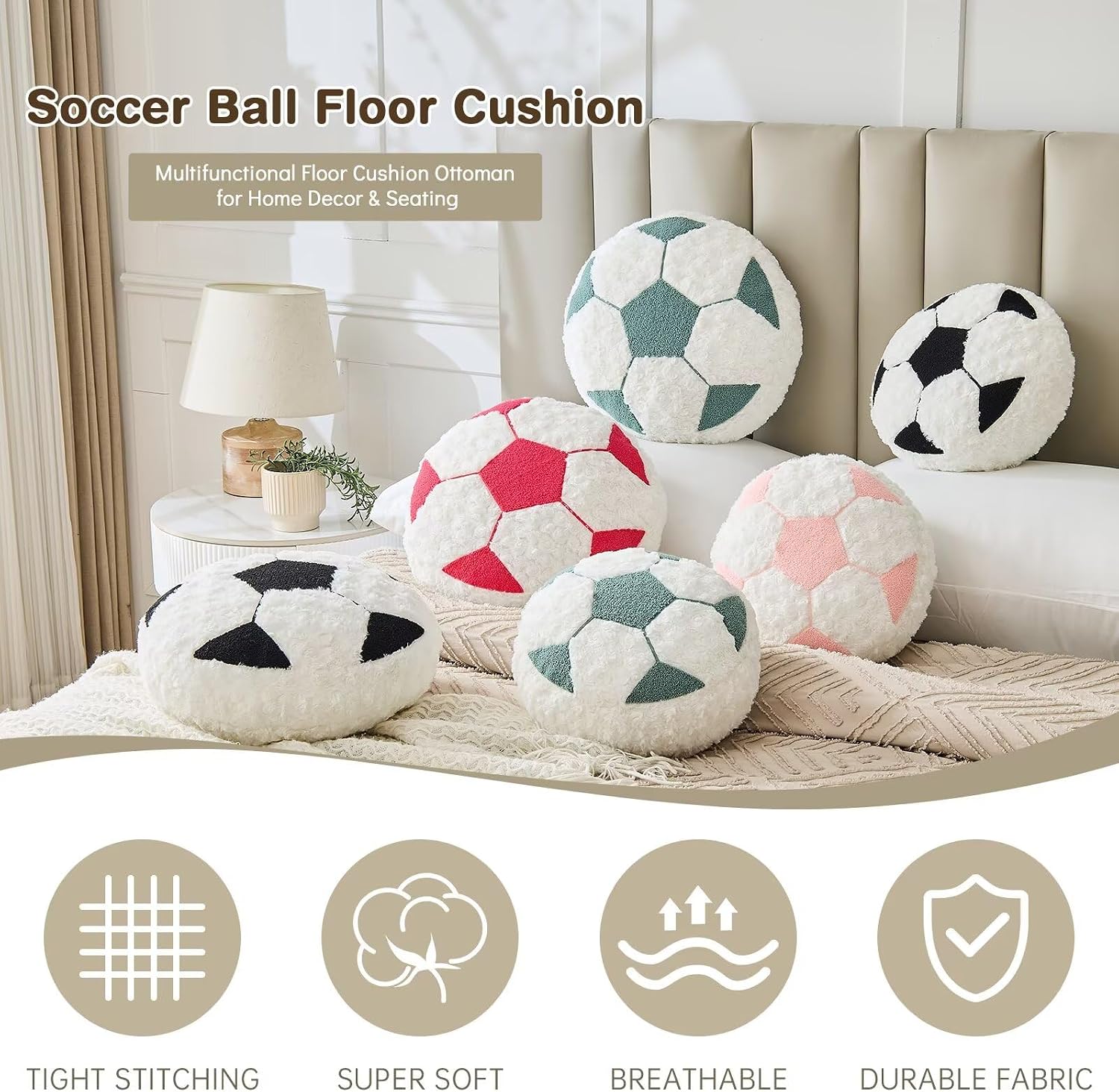 Soccer Pillow Football Round Cushion Soft Fluffy Soccerball Decorative Plush Pillow for Room Decor (Black, 12 Inch)