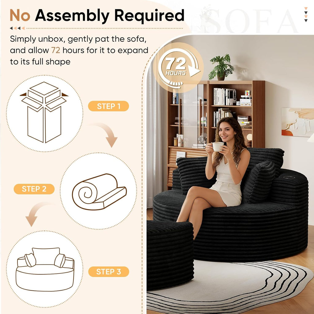 Oversized Round Chaise Longue Chair with Ottoman, Modern Corduroy Deep Seat Circle Single Cloud Boneless Floor Accent Chair w/Cup Holders for Living Room, Bedroom Apartment, 55" W * 74.6" D, Black