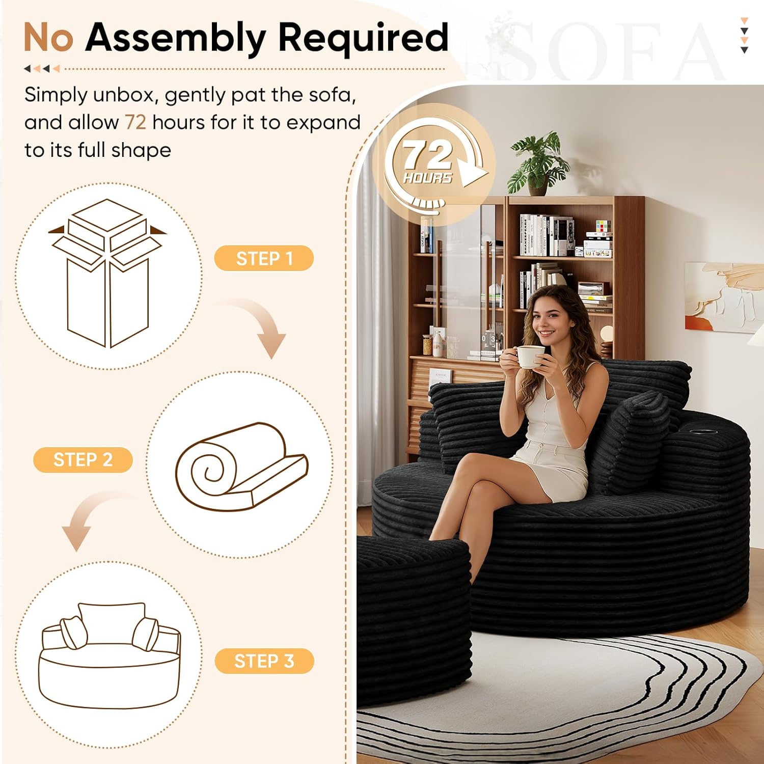 Oversized Round Chaise Longue Chair with Ottoman, Modern Corduroy Deep Seat Circle Single Cloud Boneless Floor Accent Chair w/Cup Holders for Living Room, Bedroom Apartment, 55" W * 74.6" D, Black
