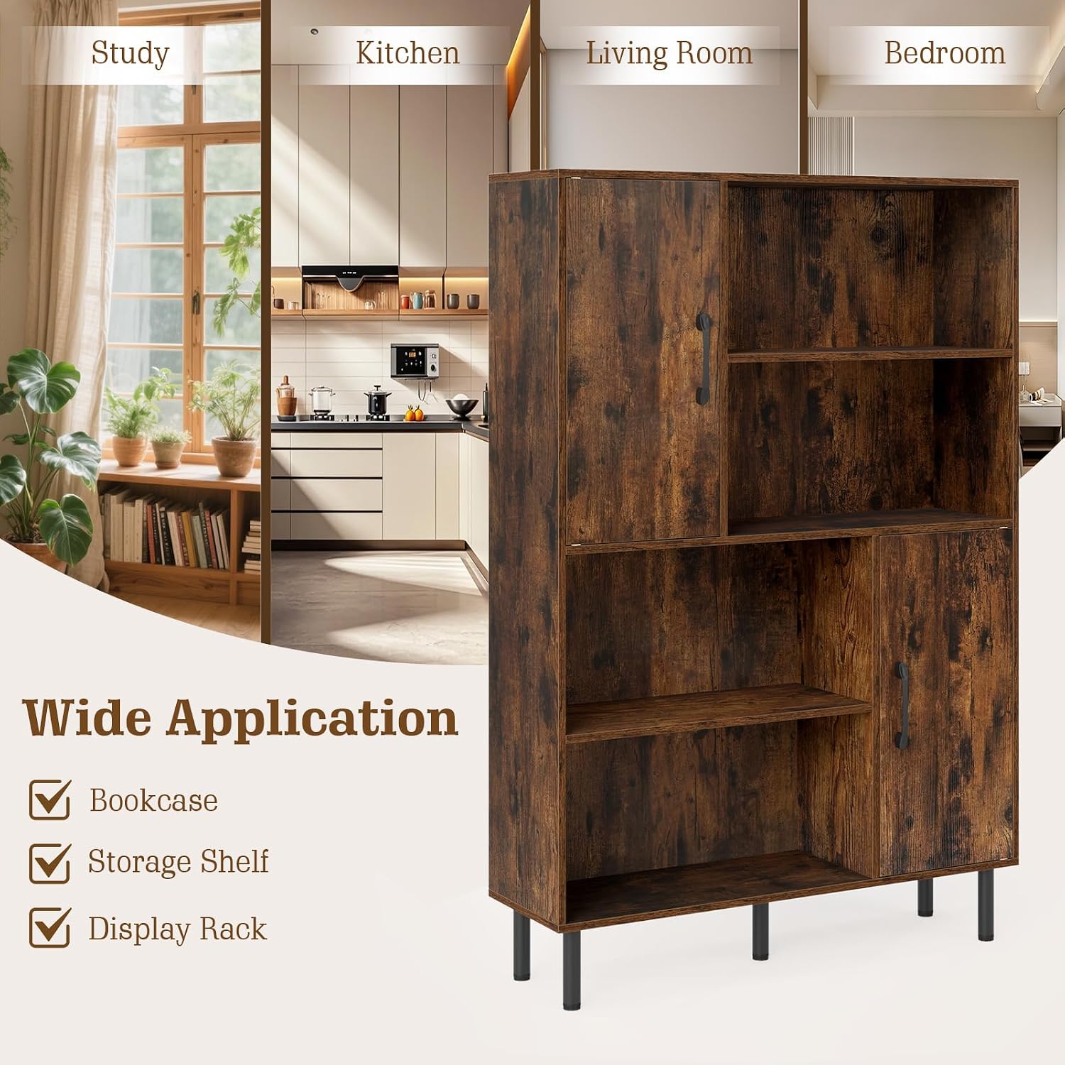 Giantex 47-Inches Storage Cabinet with Doors, Open Shelves, Anti-Tipping Device, 4-Tier Bookcase for Books & Photos, Tall Cupboard, Floor Cabinet for Living Room, Kitchen Buffet Sideboard (Brown)