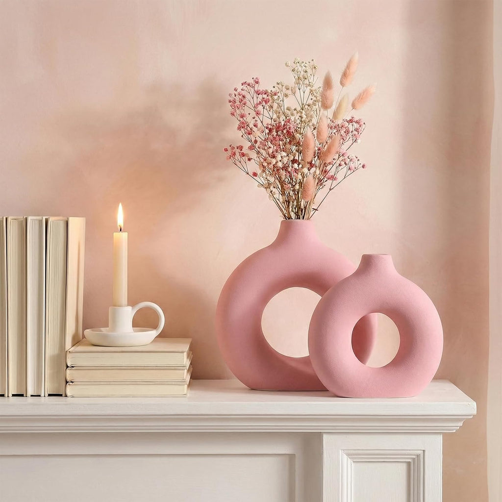 Pink Vase Decor Donut Vase Set of 2 - Circle Hollow Vases, Modern Matte Ceramic Vases for Entryway Living Room Bedroom Dining Table Centerpiece Office Home Decor