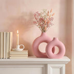 Pink Vase Decor Donut Vase Set of 2 - Circle Hollow Vases, Modern Matte Ceramic Vases for Entryway Living Room Bedroom Dining Table Centerpiece Office Home Decor