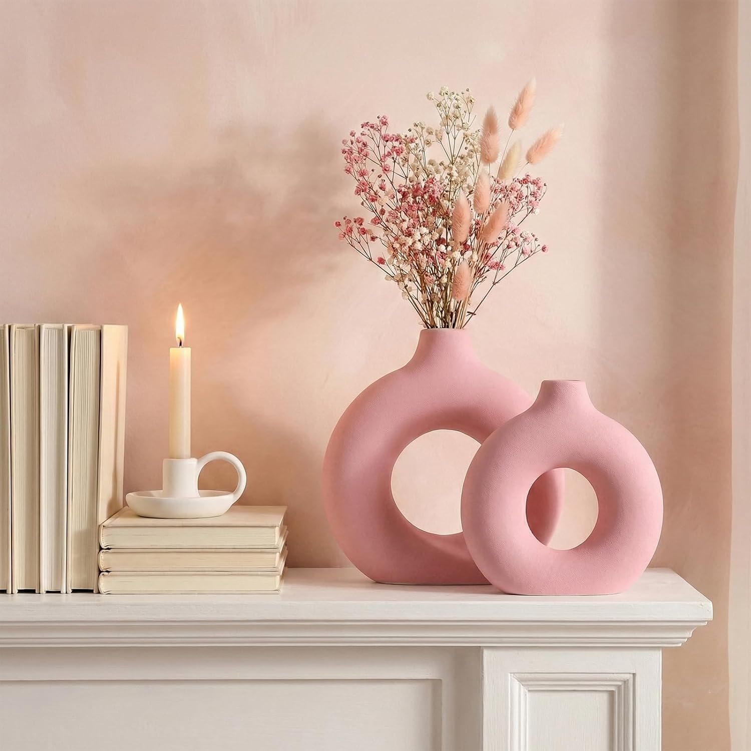 Pink Vase Decor Donut Vase Set of 2 - Circle Hollow Vases, Modern Matte Ceramic Vases for Entryway Living Room Bedroom Dining Table Centerpiece Office Home Decor