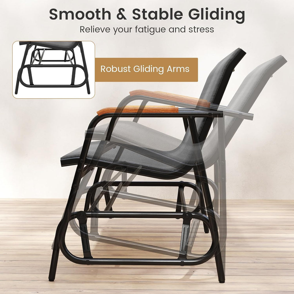 Tangkula 3-Person Outdoor Glider Bench, Patio Gliding Loveseat with Breathable Fabric Seat, Curved Teak Wood Armrests and Metal Frame, Swing Rocking Chair for Backyard (Grey, 3 Seat)