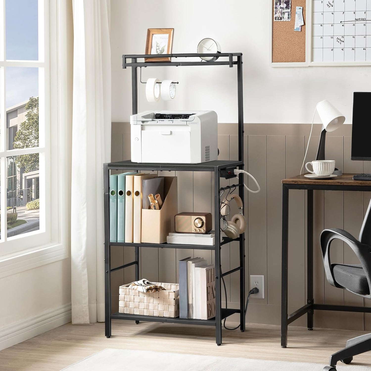 MAHANCRIS Bakers Rack with Storage, Microwave Stand with Paper Holder, Bakers Rack with Power Outlet, Coffee Bar Station with 6 Hooks, for Kitchen, Dining Room, Black BRBK36E01