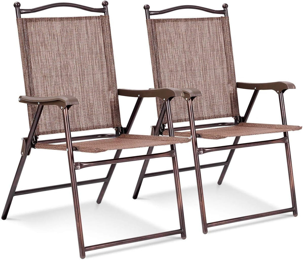Giantex Set of 2 Patio Folding Chairs, Outdoor Patio Dining Chairs w/Armrest, Sling Back, Metal Frame, Outside Use for Lawn Camping Garden Pool Beach Yard Lounge, No Assembly, Brown