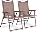 Giantex Set of 2 Patio Folding Chairs, Outdoor Patio Dining Chairs w/Armrest, Sling Back, Metal Frame, Outside Use for Lawn Camping Garden Pool Beach Yard Lounge, No Assembly, Brown