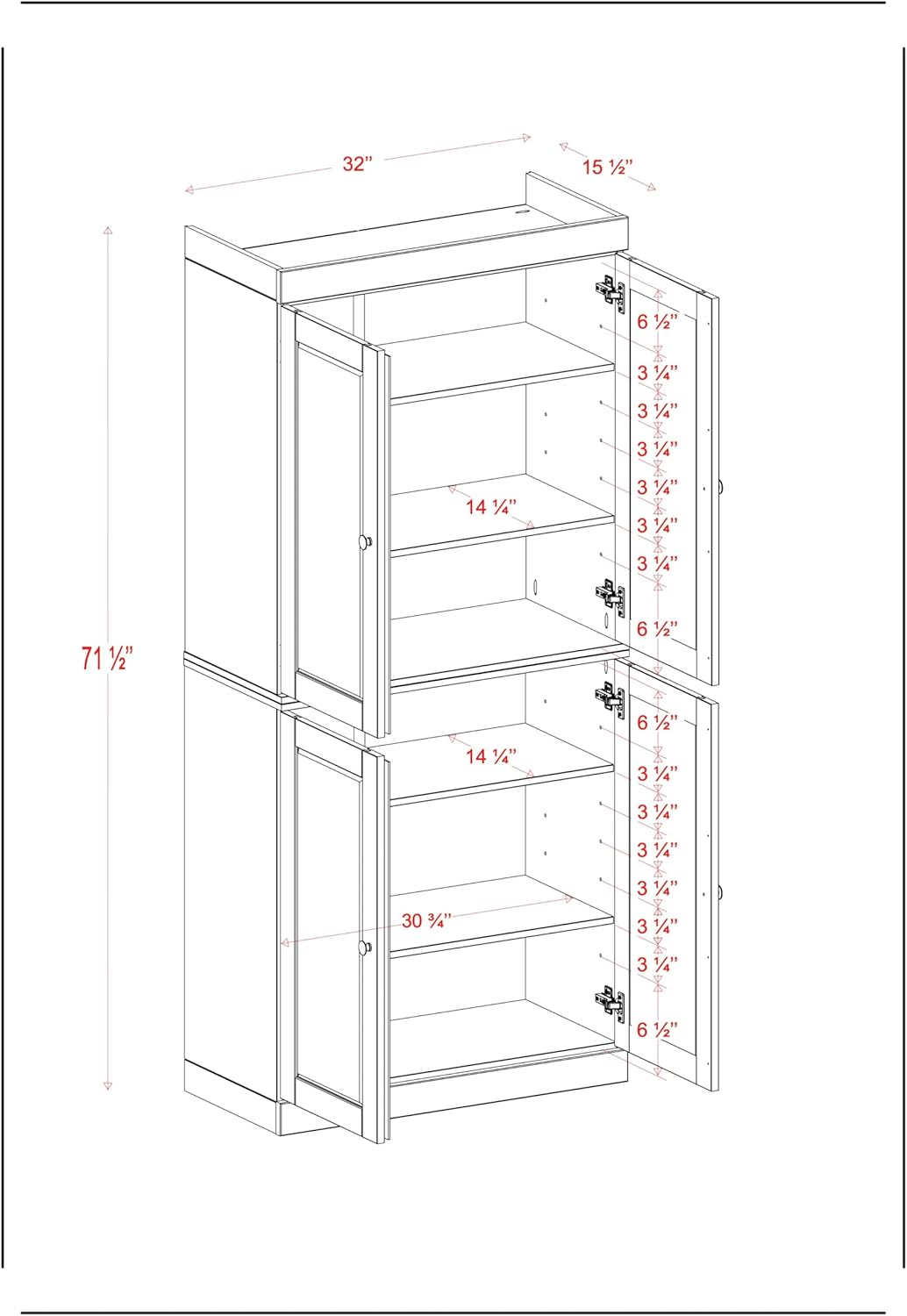 Palace Imports Solid Wood Kitchen Pantry Cabinet - 71.5" Tall x 32" Wide - Wooden Storage Cabinet w/ 4 Shaker Doors & 4 Adjustable Shelves, Teal Blue, 100% Renewable Eco-Friendly Wood, Made in Brazil