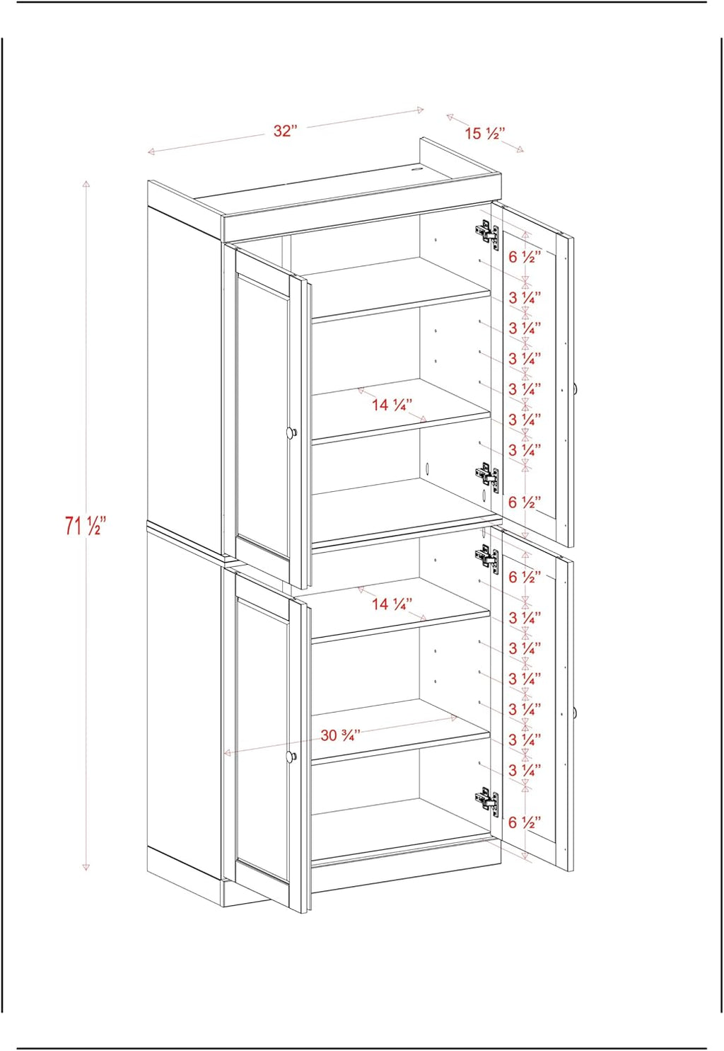 Palace Imports Solid Wood Kitchen Pantry Cabinet - 71.5" Tall x 32" Wide - Wooden Storage Cabinet with 4 Shaker Doors & 4 Adjustable Shelves, Beige, 100% Renewable Eco-Friendly Wood, Made in Brazil