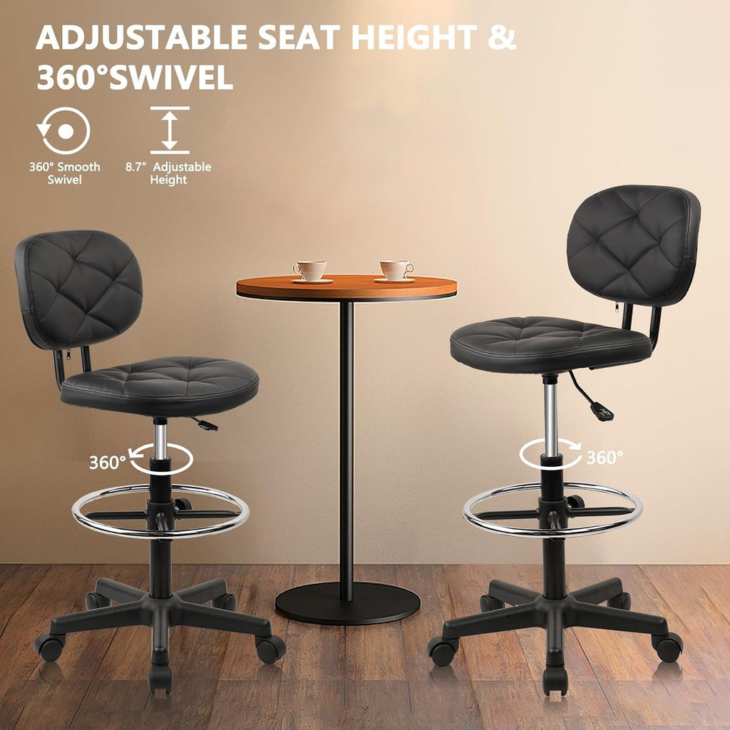 KLASIKA PU Leather Rolling Bar Stool with Wheels and Back, Tall Drafting Stool with Adjustable Height and Footrest, Multi-Purpose Office Desk Chair for Home Kitchen Shop Work, Black (1PK)