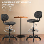 KLASIKA Leather Drafting Stool Chair with Ergonomic Backrest & Footrest, Padded Seat Adjustable Height 360° Swivel Rolling Stools, Tall Office Chair for Standing Desk, Shop, Drawing, Work, Black