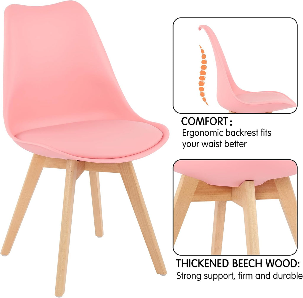 LSSBOUGHT Mid Century Modern Dining Chairs,Shell Lounge Plastic Side Chair with Soft Padded and Wooden Legs for Dining Room Living Room Bedroom Kitchen Set of 2 (Pink)