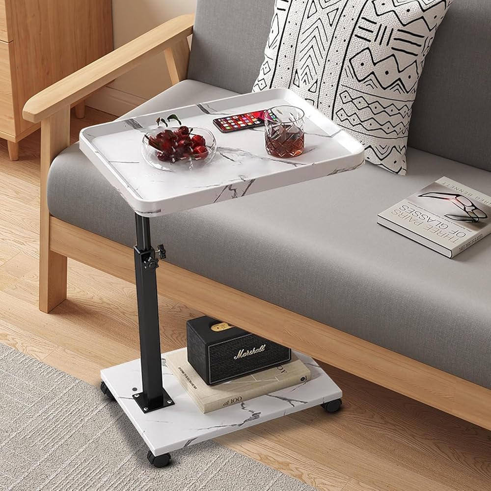 C Table End Table Adjustable Height, 360°Swivel TV Tray Table Couch Tables C Shaped Side Tables Living Room and Bedroom for Sofa, Bed,Chair (White Marble)
