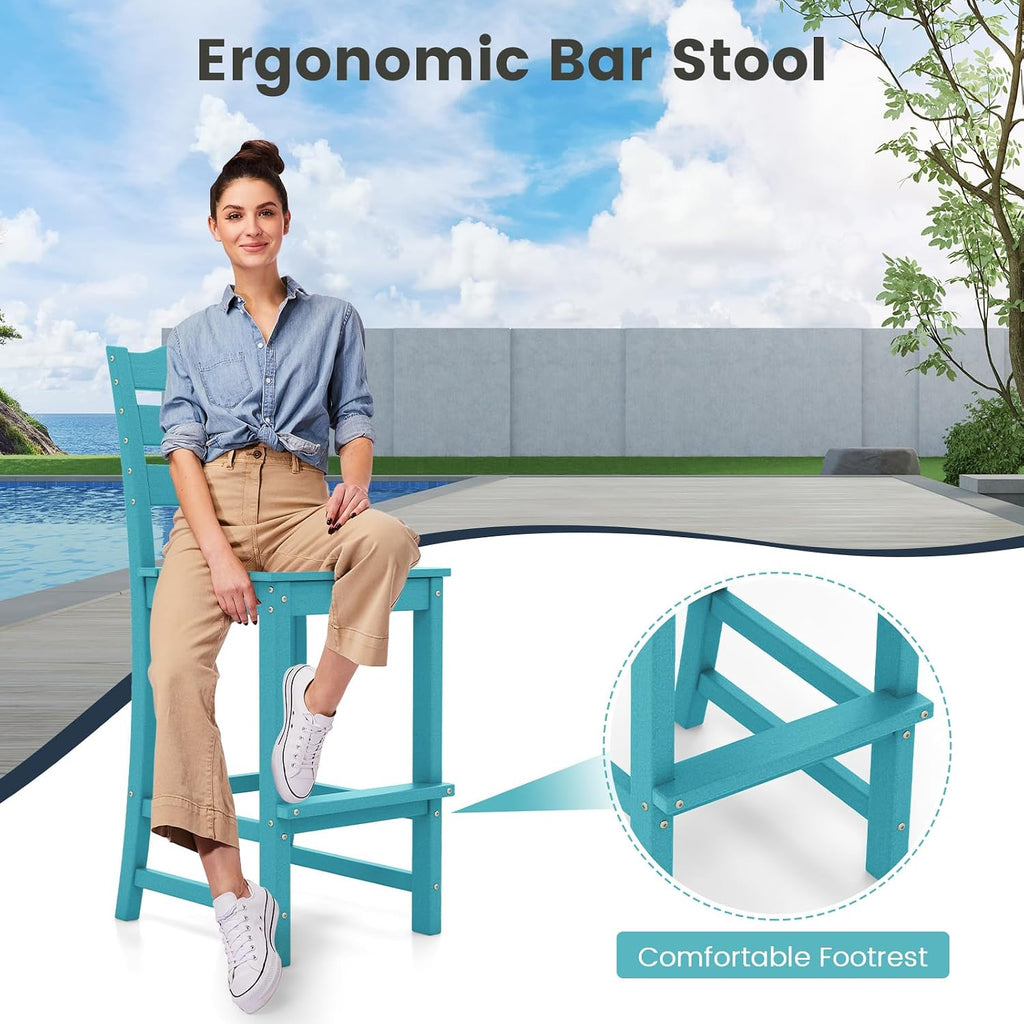 Giantex Outdoor HDPE Bar Stool, Patio Tall Bar Chair with Backrest and Footrest, 30 Inches Counter Height Barstools for Garden, Backyard, Weather Resistance, Easy Maintenance(2, Turquoise)
