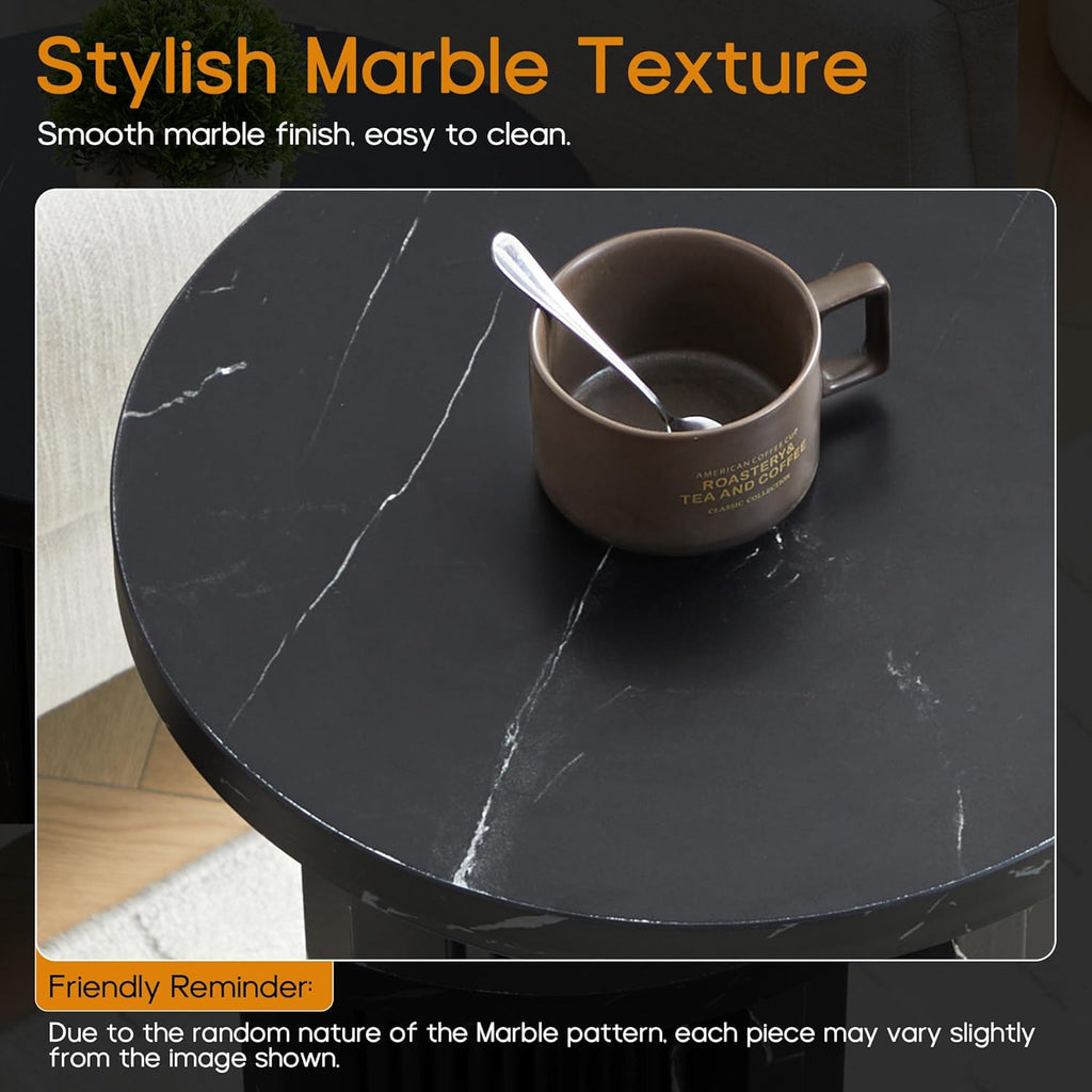 LEVNARY 15.7" Round Side Table with Marble-Look Top, Modern End Table with Scalloped Fluted Base, Small Circular Accent Table with Adjustable Feet for Living Room Bedroom (Black)