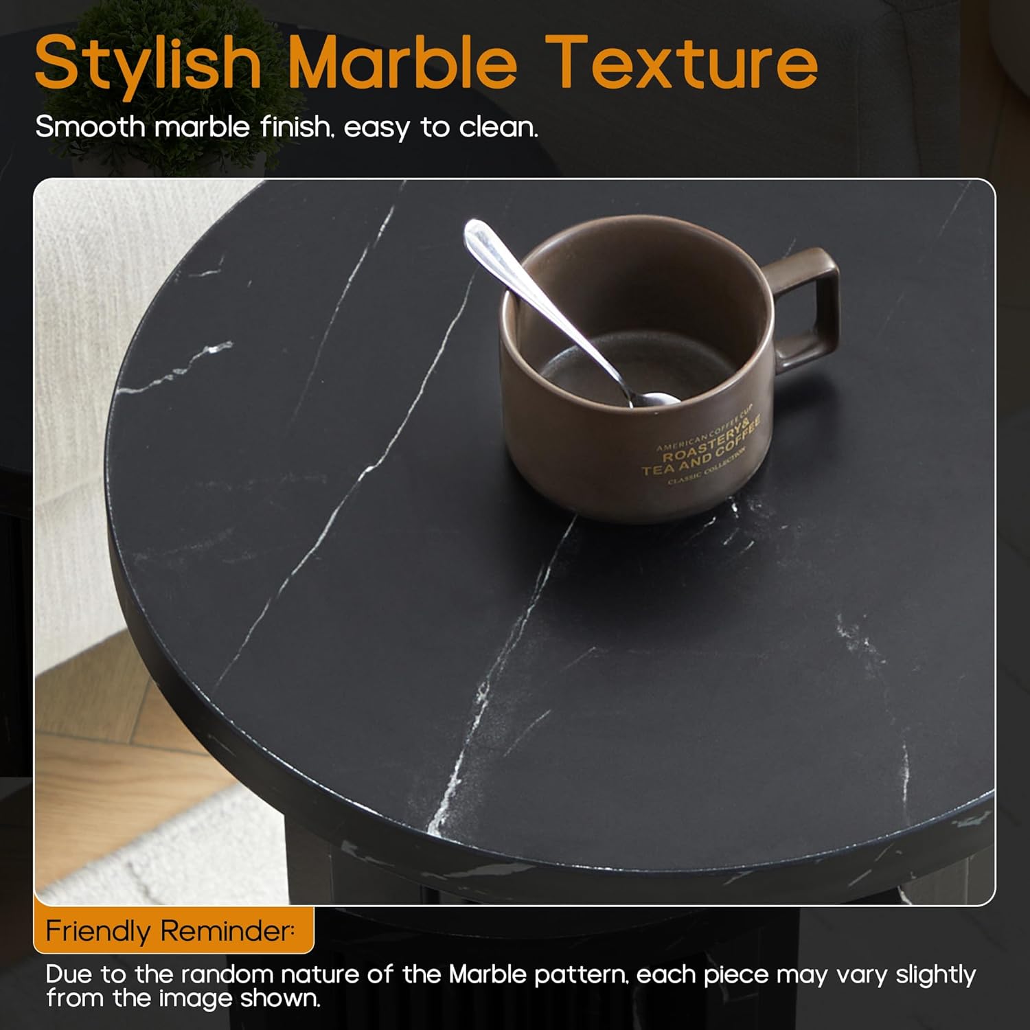 LEVNARY 15.7" Round Side Table with Marble-Look Top, Modern End Table with Scalloped Fluted Base, Small Circular Accent Table with Adjustable Feet for Living Room Bedroom (Black)