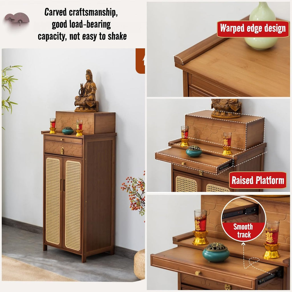 Altar Table with Double Door Storage & Layered Shelf,Chinese Style Buddhist Shrine Cabinet for Home Temple,Meditation Display Table with Vintage F Original Color L60xW38xH185cm/23.6x15x72.8in