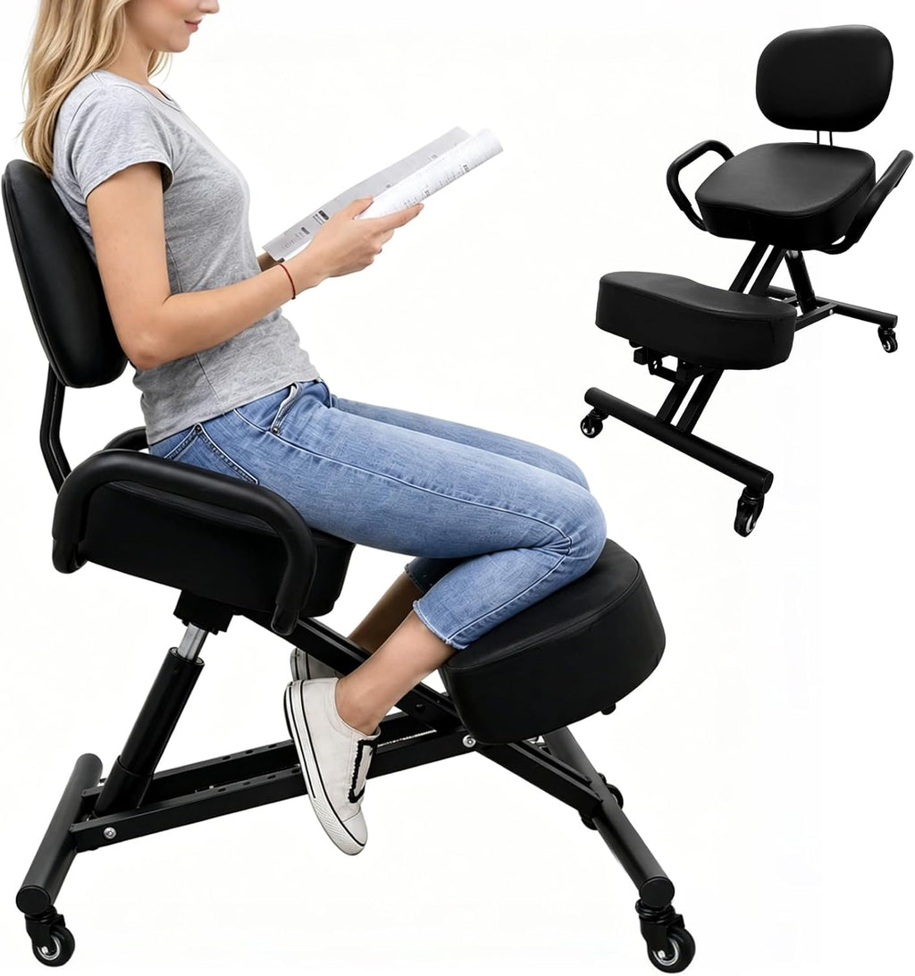 Ergonomic Kneeling Chair with Back Support, Adjustable Height Posture Chair for Home Office, Promotes Healthy Sitting and Better Posture, Prevents Cross-Legged Sitting, Black